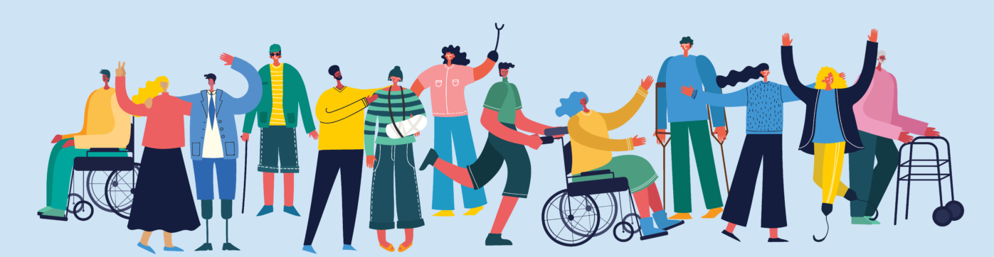 A colourful digital illustration that shows people of using various mobility devices and supporting one another. the people have various clothes, different hair colours, and styles.