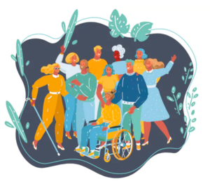 Image of a group of people who are getting together. two of them have their hands raised, one is using a walking cane, several of them have their hands around each other, one is pushing a person who is using a wheelchair.